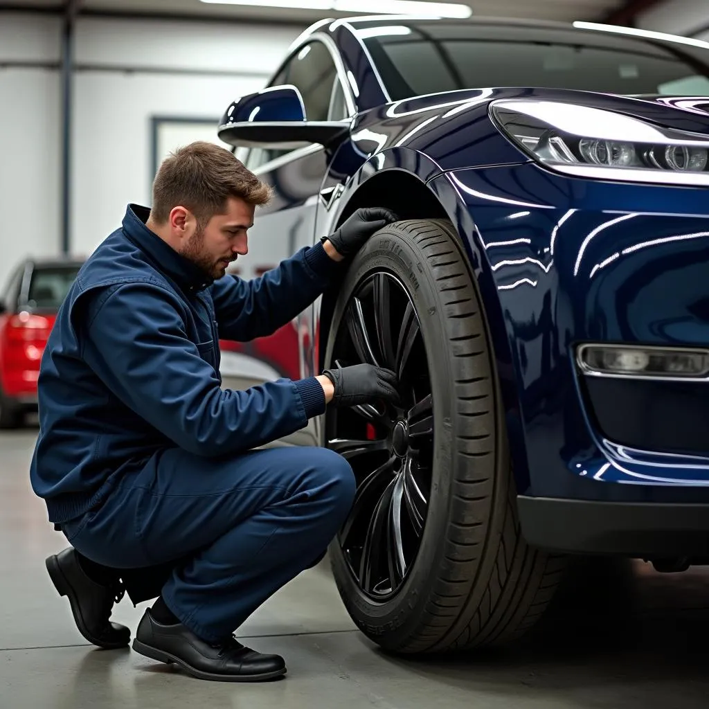 Monteur wechselt Winterreifen am Tesla Model Y