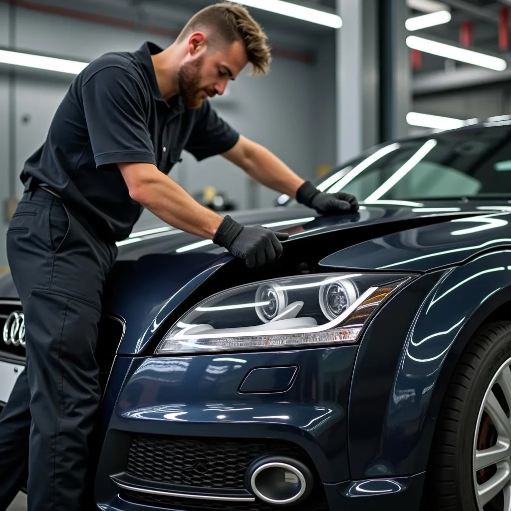 Reparatur einer Motorhaube eines Audi TT 8J in einer Werkstatt