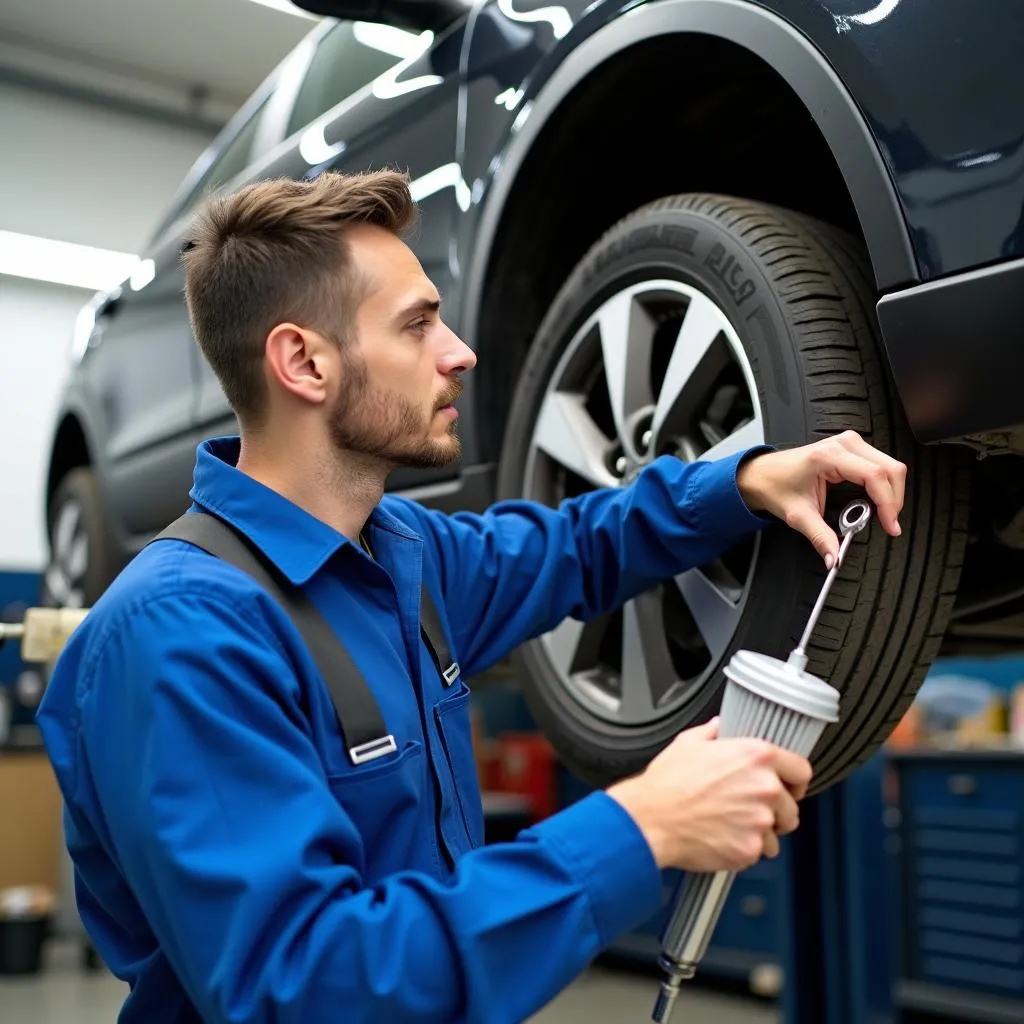 Mechaniker wechselt Motoröl