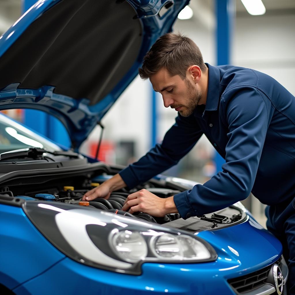 Ein Mechaniker inspiziert den Motorraum eines Opel Corsa A in Blau.