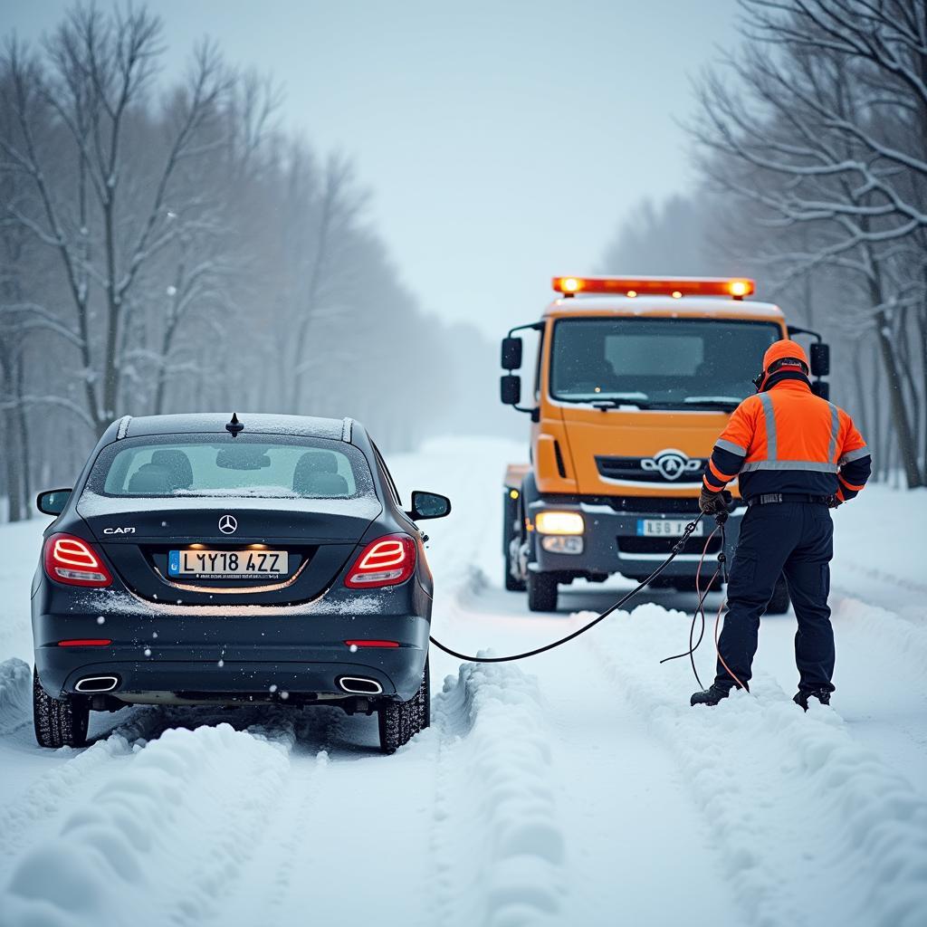 Pannenhilfe bei einem Auto im Schnee