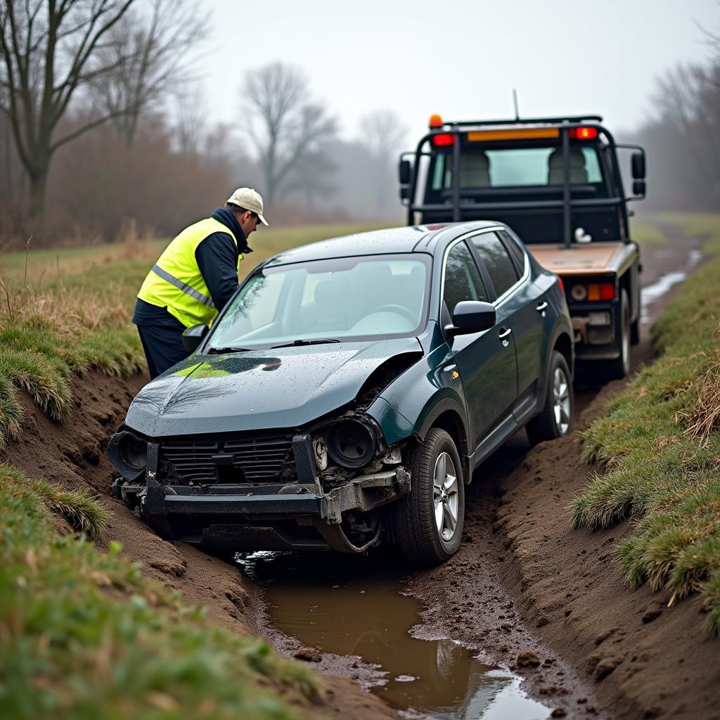 Abschleppwagen birgt ein Auto aus einem Graben