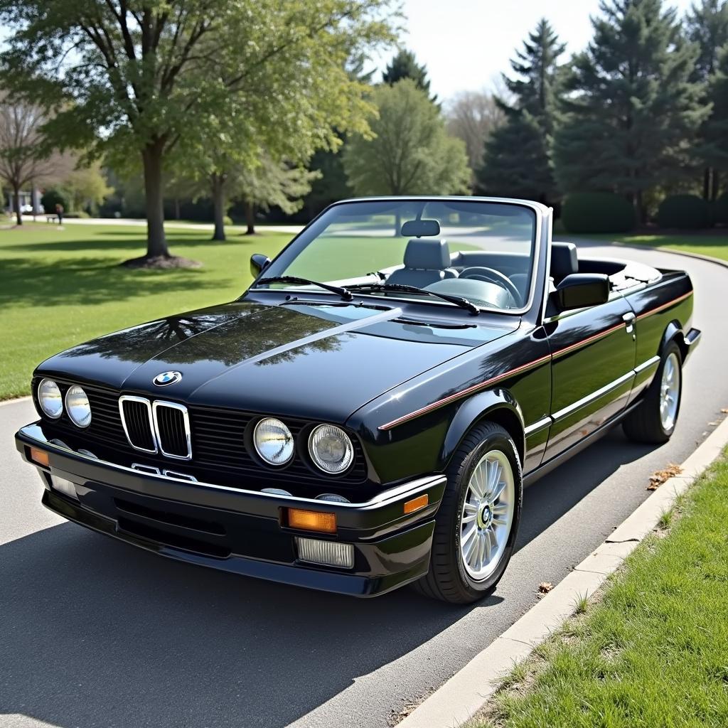 Ein vollständig restaurierter BMW E30 Cabrio glänzt in der Sonne