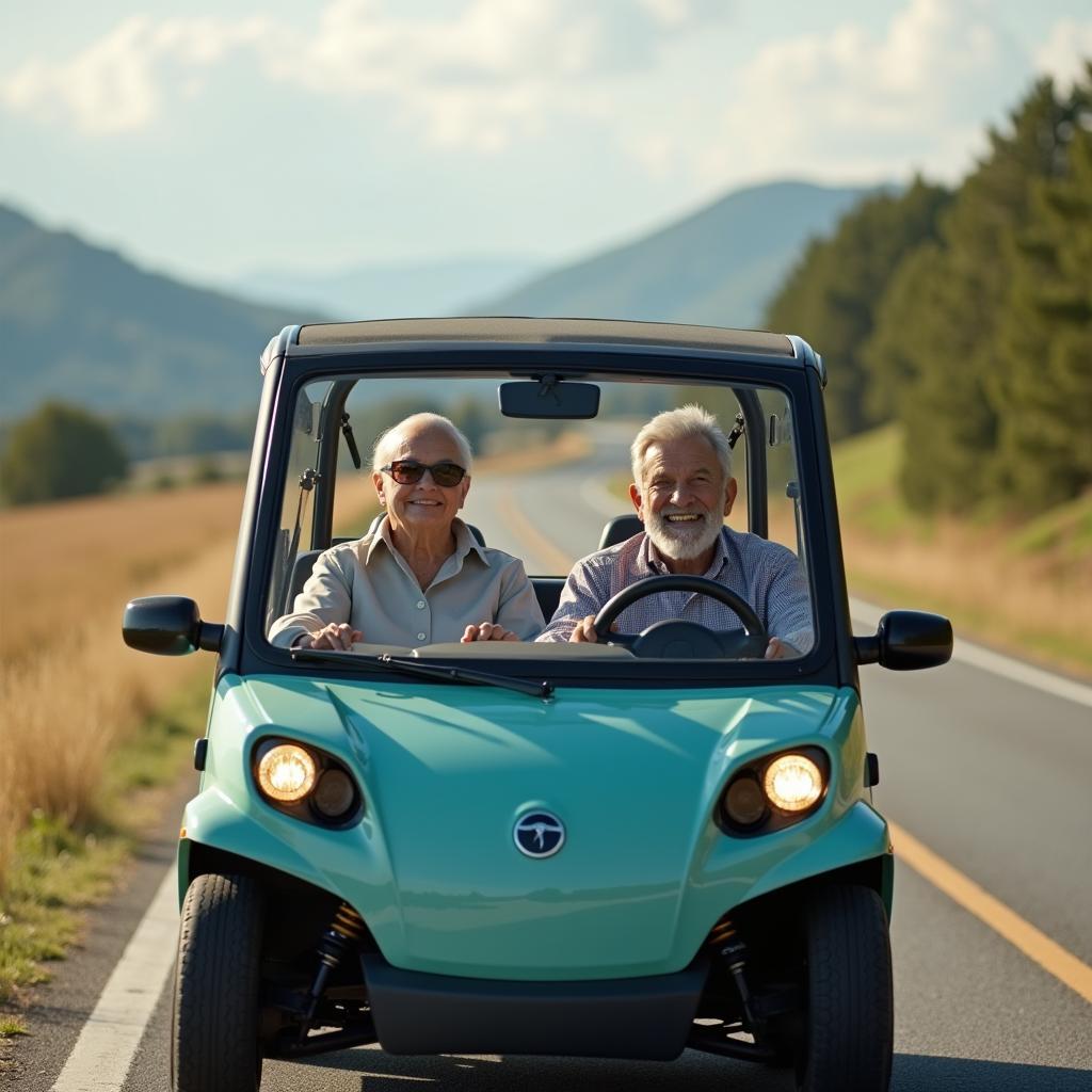 Seniorenpaar fährt mit Elektroauto in den Urlaub