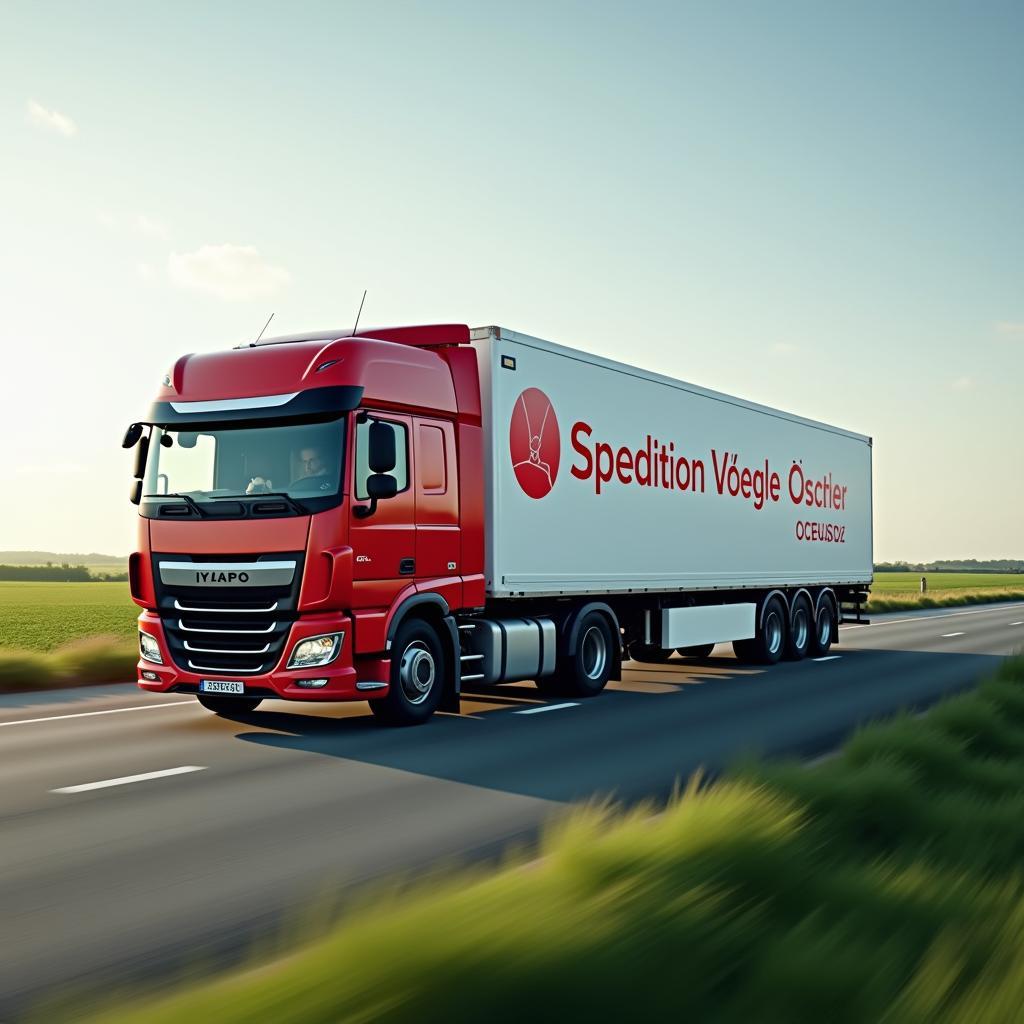 Moderner LKW mit dem Logo von Spedition Vögele Österreich auf der Autobahn unterwegs.