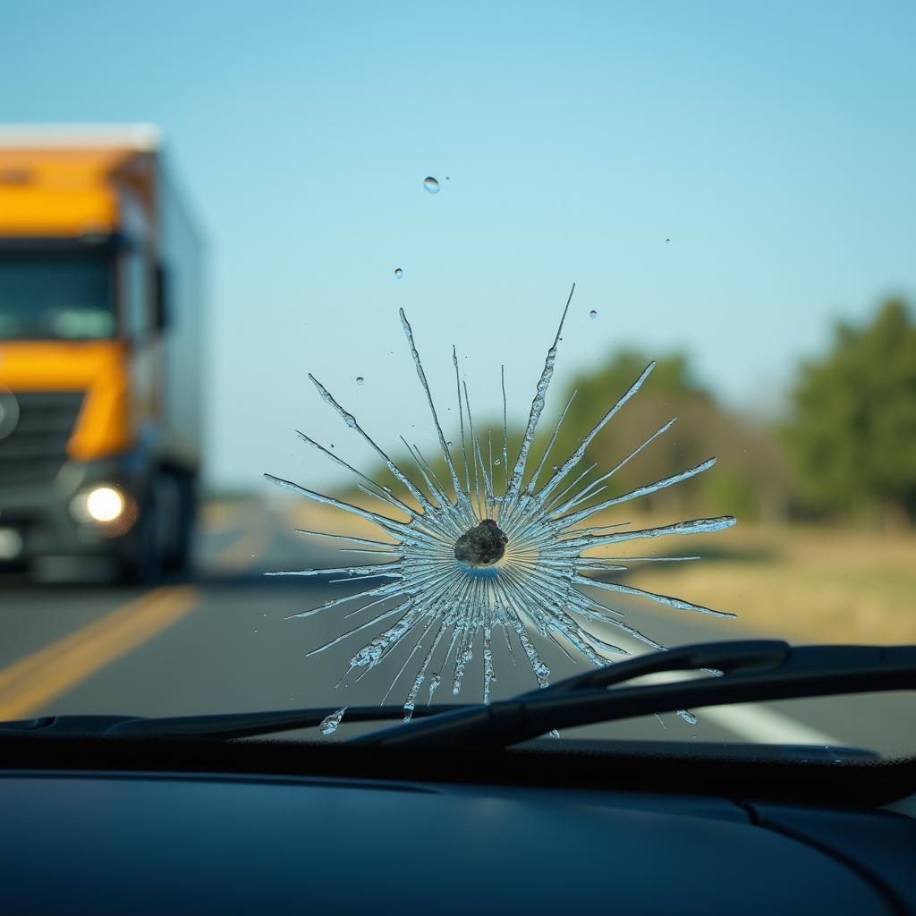 Steinschlag auf einer Windschutzscheibe durch einen LKW