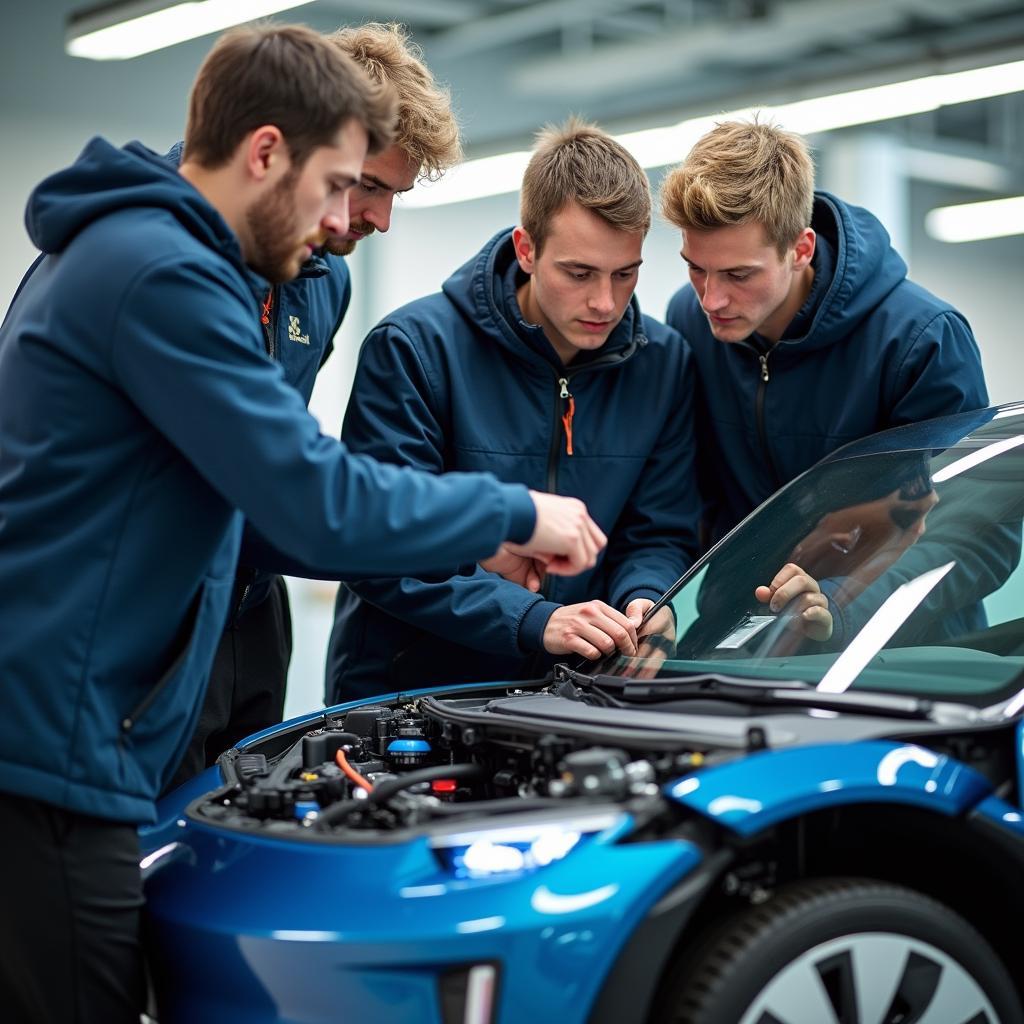 Studierende lernen die Funktionsweise von Elektroautos