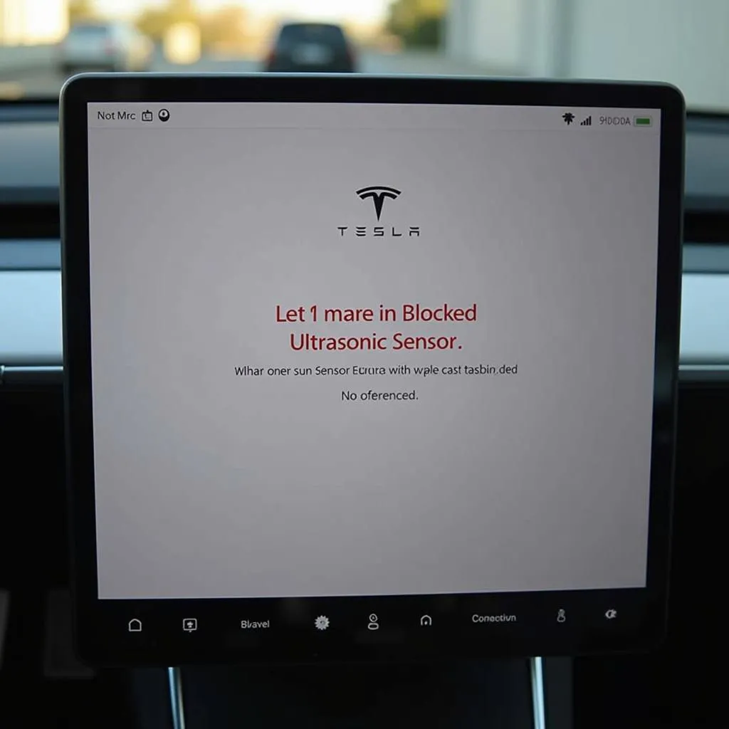 Fehlermeldung auf dem Display eines Tesla Fahrzeugs: &quot;Ultraschallsensor blockiert&quot;