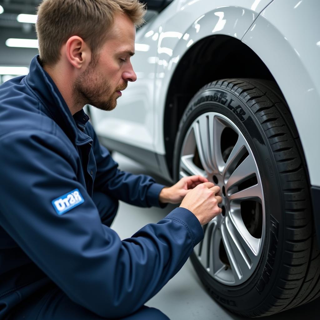 TÜV-Prüfer inspiziert Autoreifen