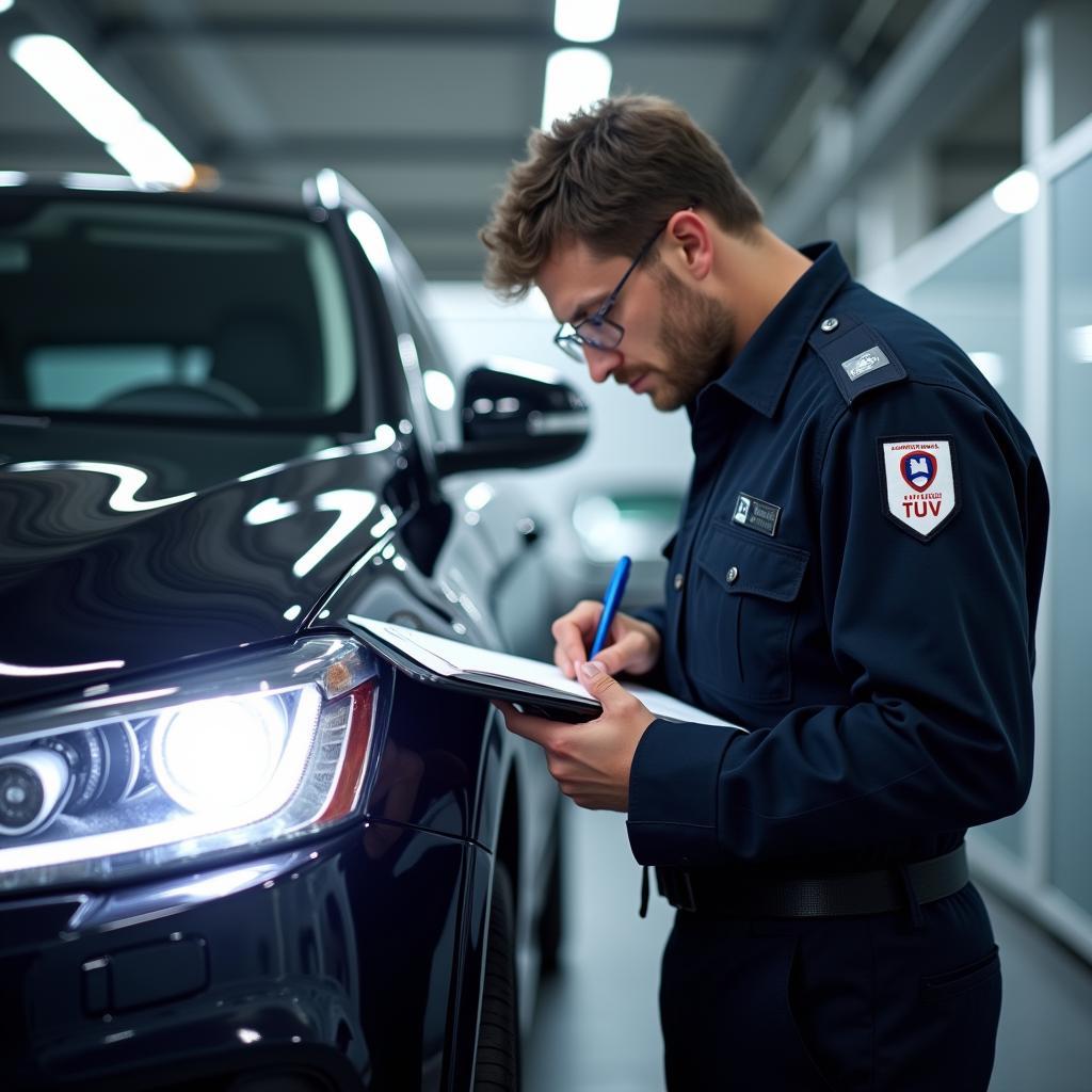 TÜV Prüfer checkt Auto