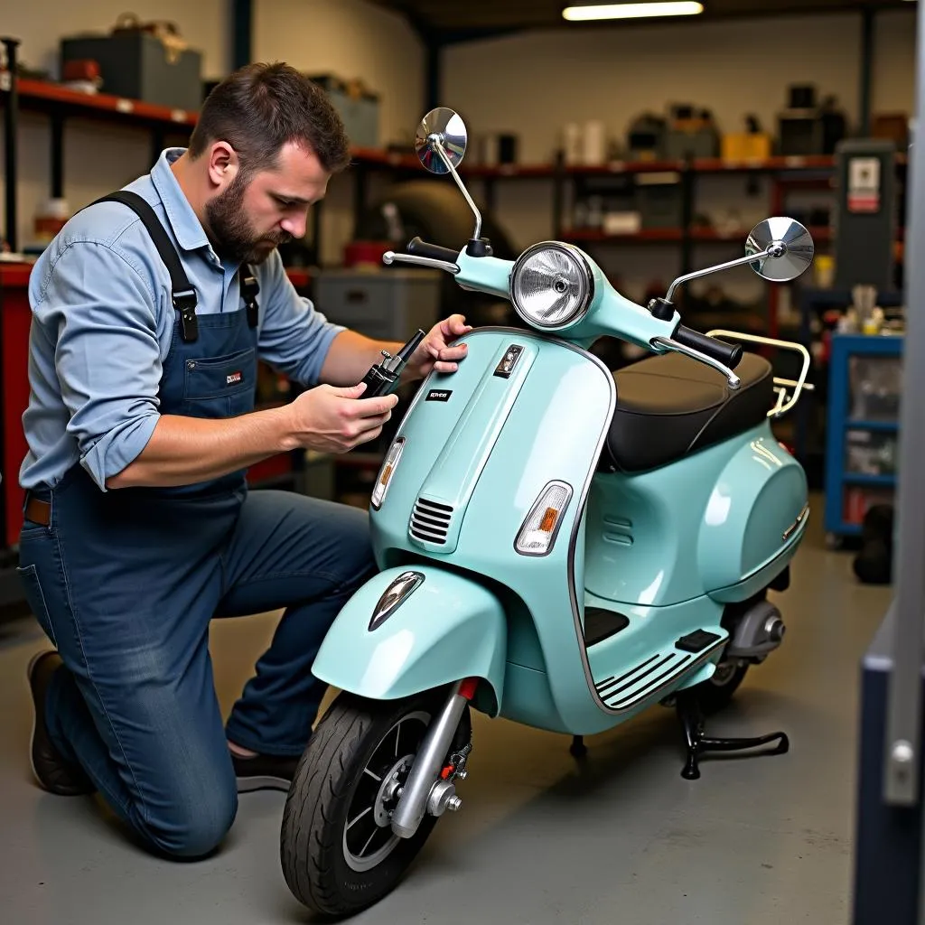 Mechaniker überprüft eine gebrauchte Vespa Roller 50 in der Werkstatt