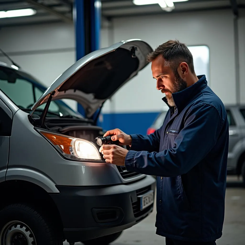 Ein Mechaniker überprüft einen gebrauchten Transporter Kastenwagen in einer Werkstatt