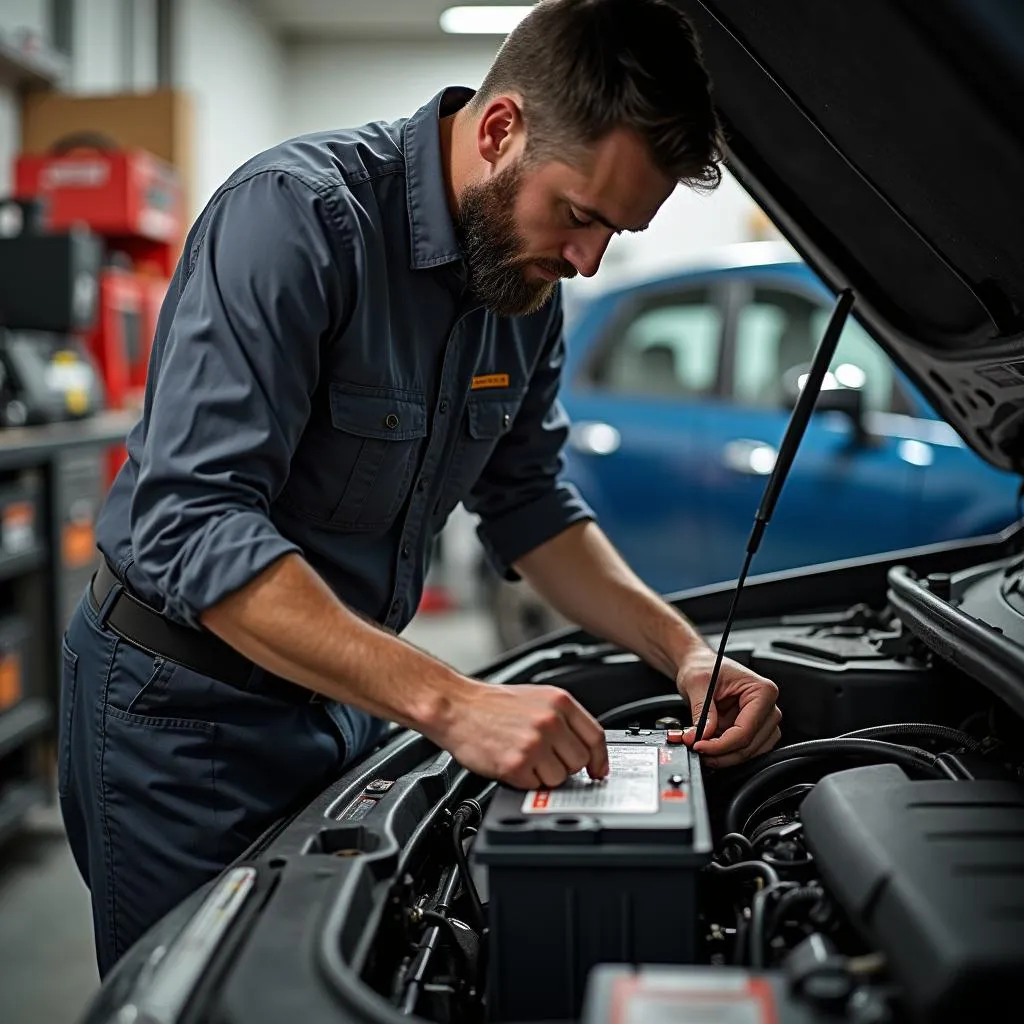 Werkstattmitarbeiter beim Einbau einer Autobatterie.