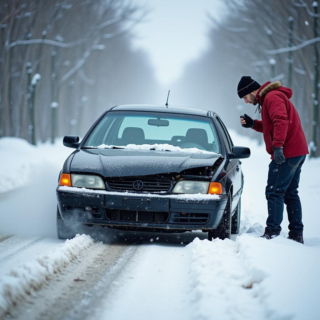 Auto mit Panne im Schnee