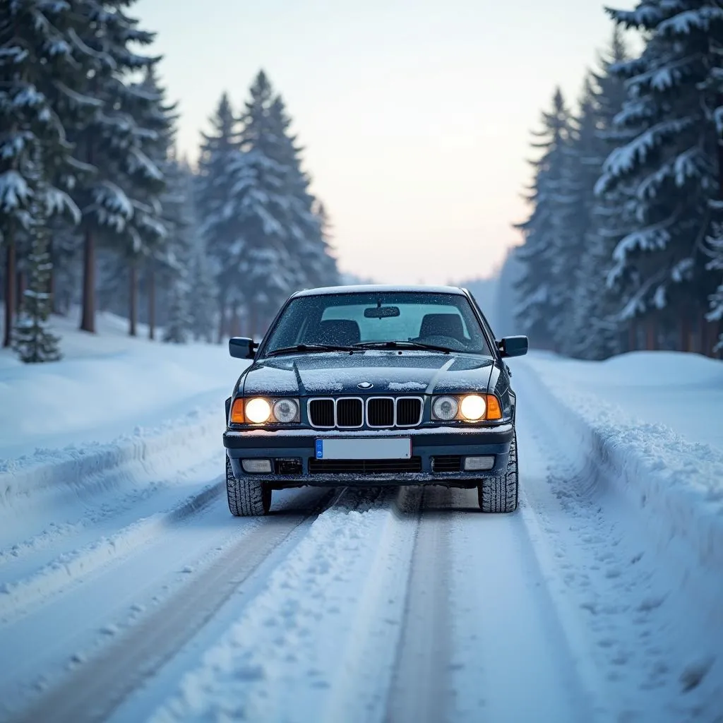 Auto mit Winterreifen auf verschneiter Straße