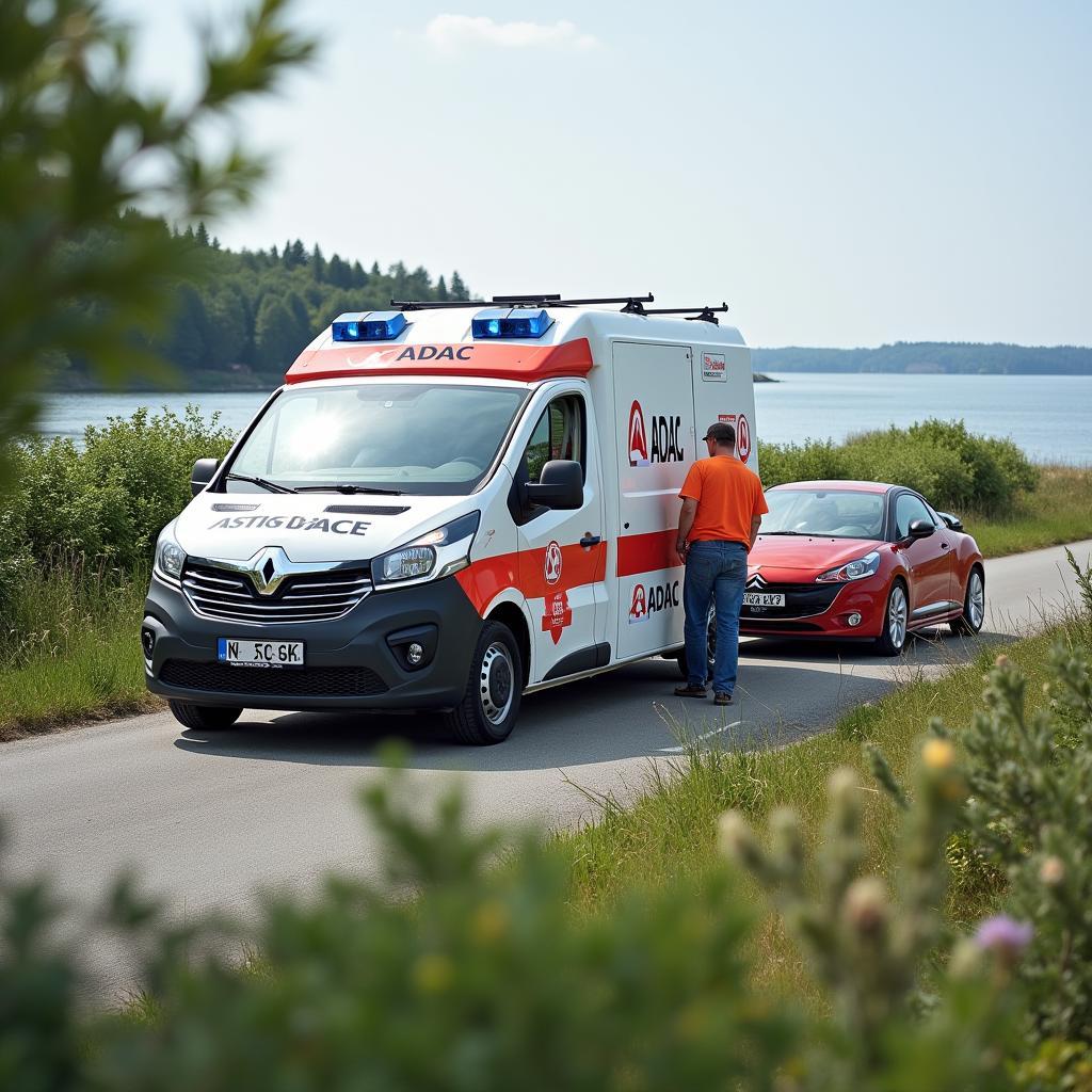 ADAC Pannenhilfe auf der Insel Rügen: Ein ADAC-Straßenwachtfahrzeug hilft einem liegengebliebenen Auto.