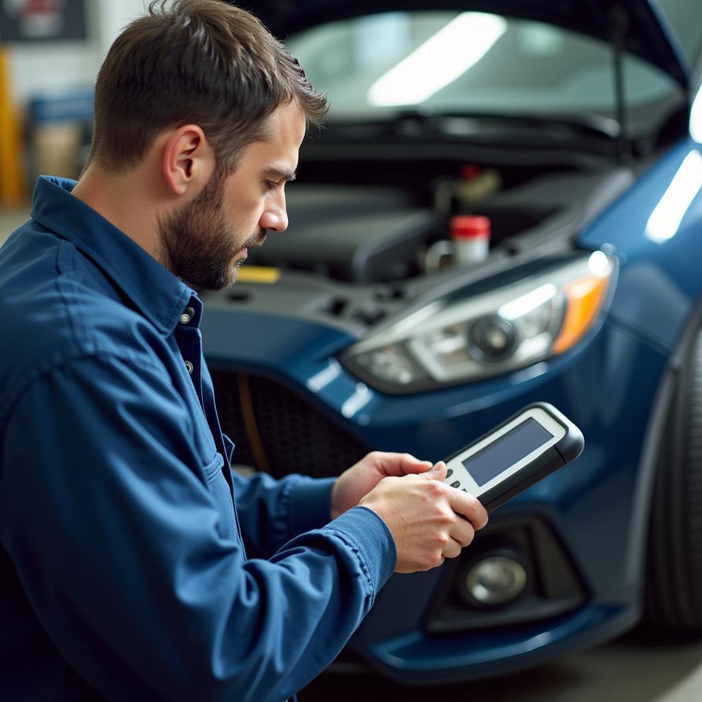 Autodiagnose mit moderner Technologie: Ein Mechaniker verwendet ein Diagnosegerät, um ein Auto zu überprüfen.