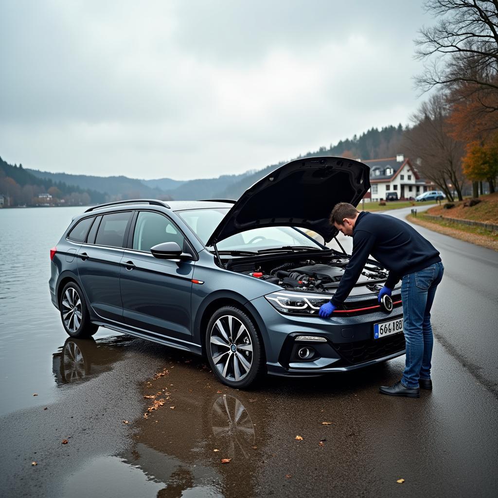 Pannenhilfe am See: Ein Auto mit geöffneter Motorhaube am Ufer des Halterner Stausees, im Hintergrund das Lakeside Inn.