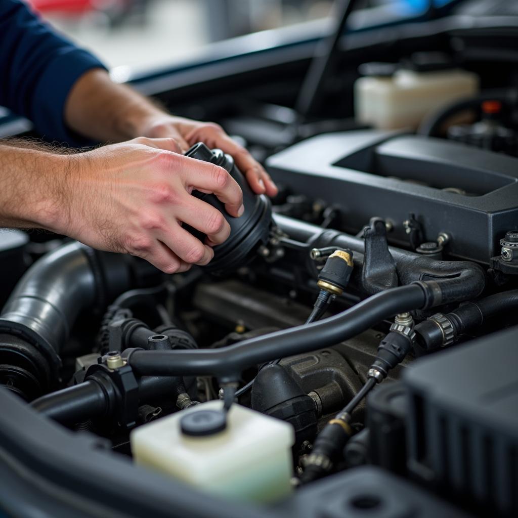 Auto Reparatur Spritverbrauch: Ein Mechaniker arbeitet am Motor eines Autos.