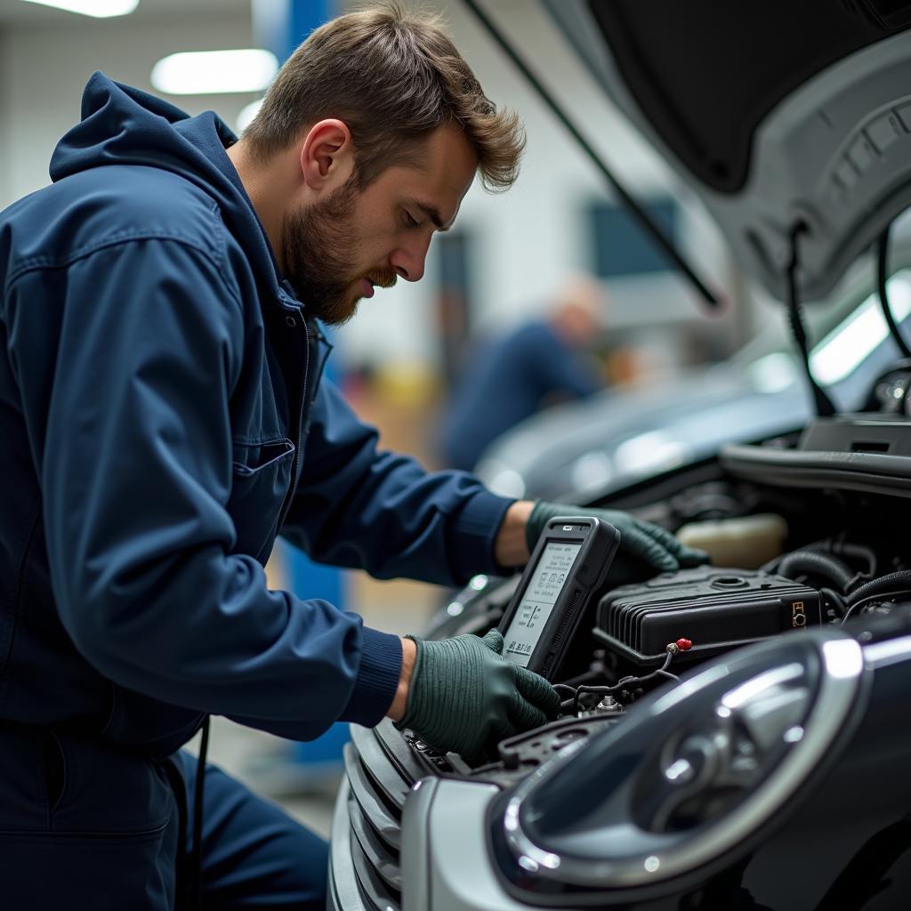 Automechaniker arbeitet an einem Fahrzeug in der Werkstatt