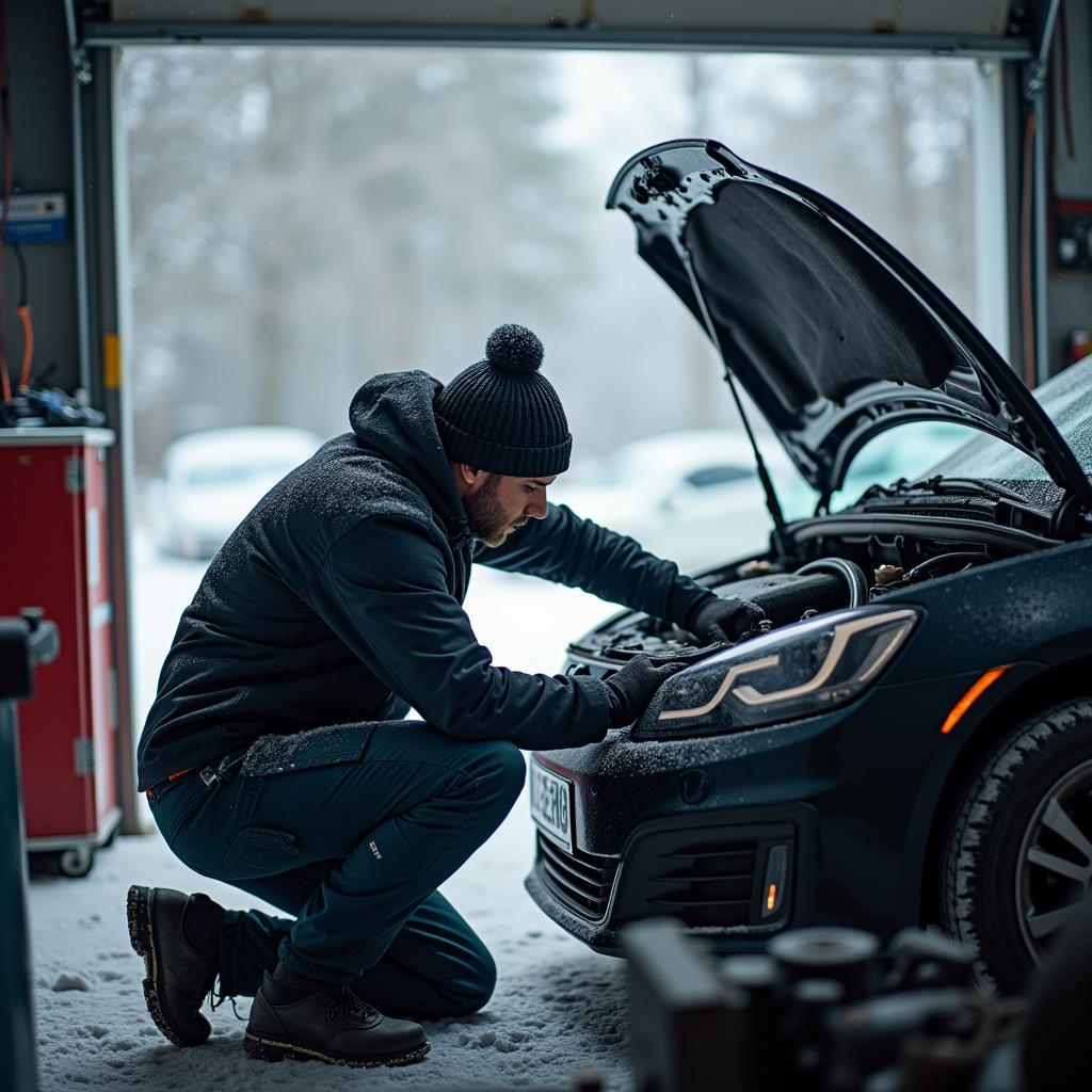 Autoreparatur in der Werkstatt im Winter