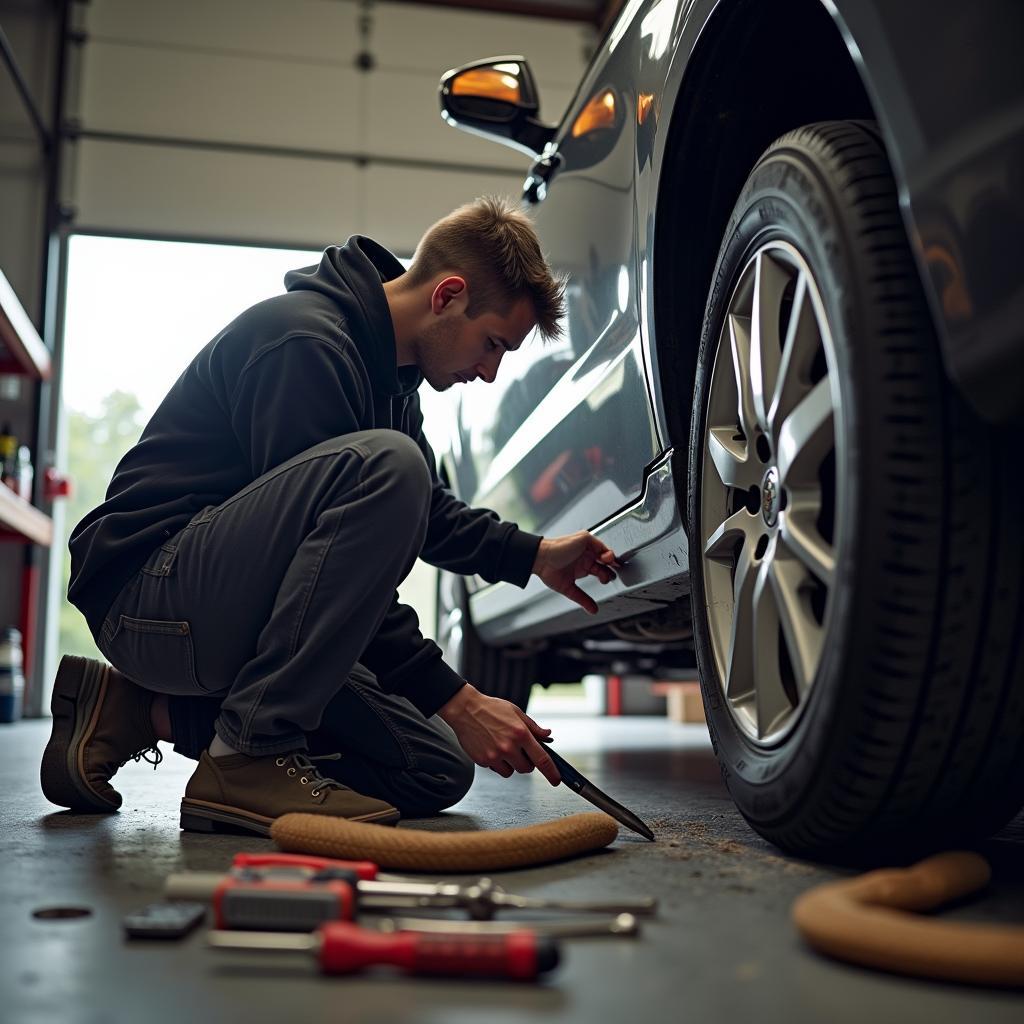 Person repariert selbst ein Auto in der heimischen Garage mit Werkzeugen und Anleitung von Fokus.de.