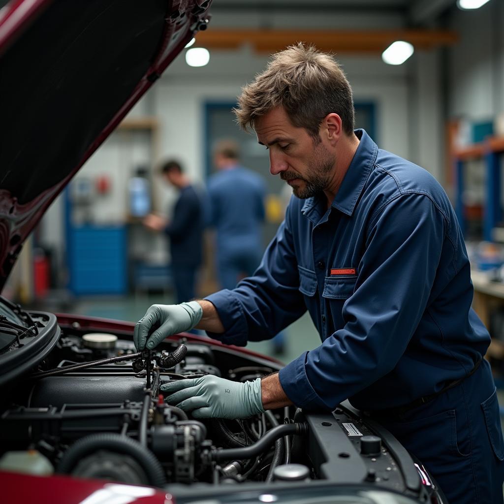 Automechaniker repariert Motor in der Werkstatt