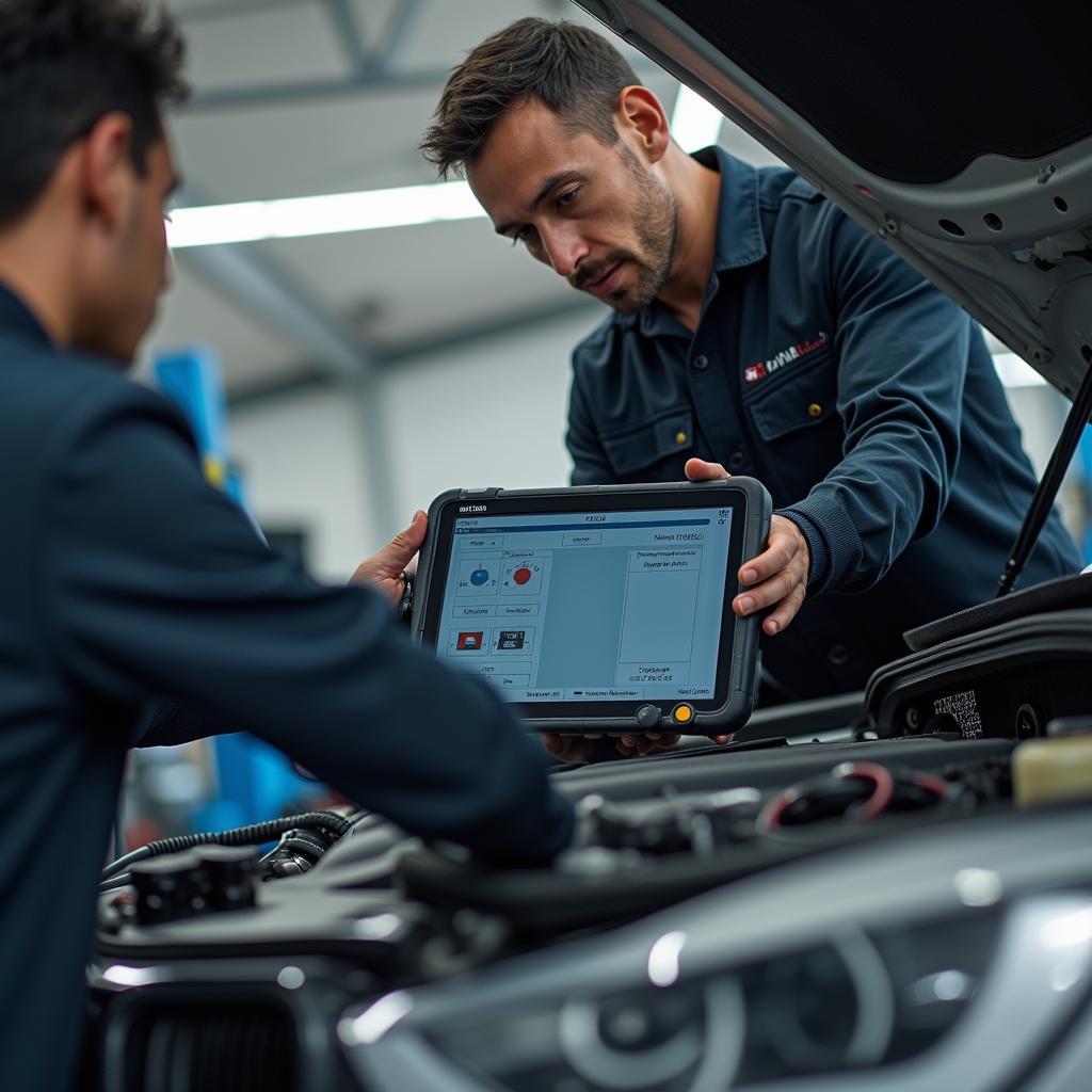 Autoreparatur Kosten Netto: Ein Mechaniker untersucht den Motor eines Autos.