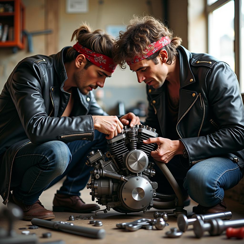 Biker und Rocker schrauben an einem Motorrad