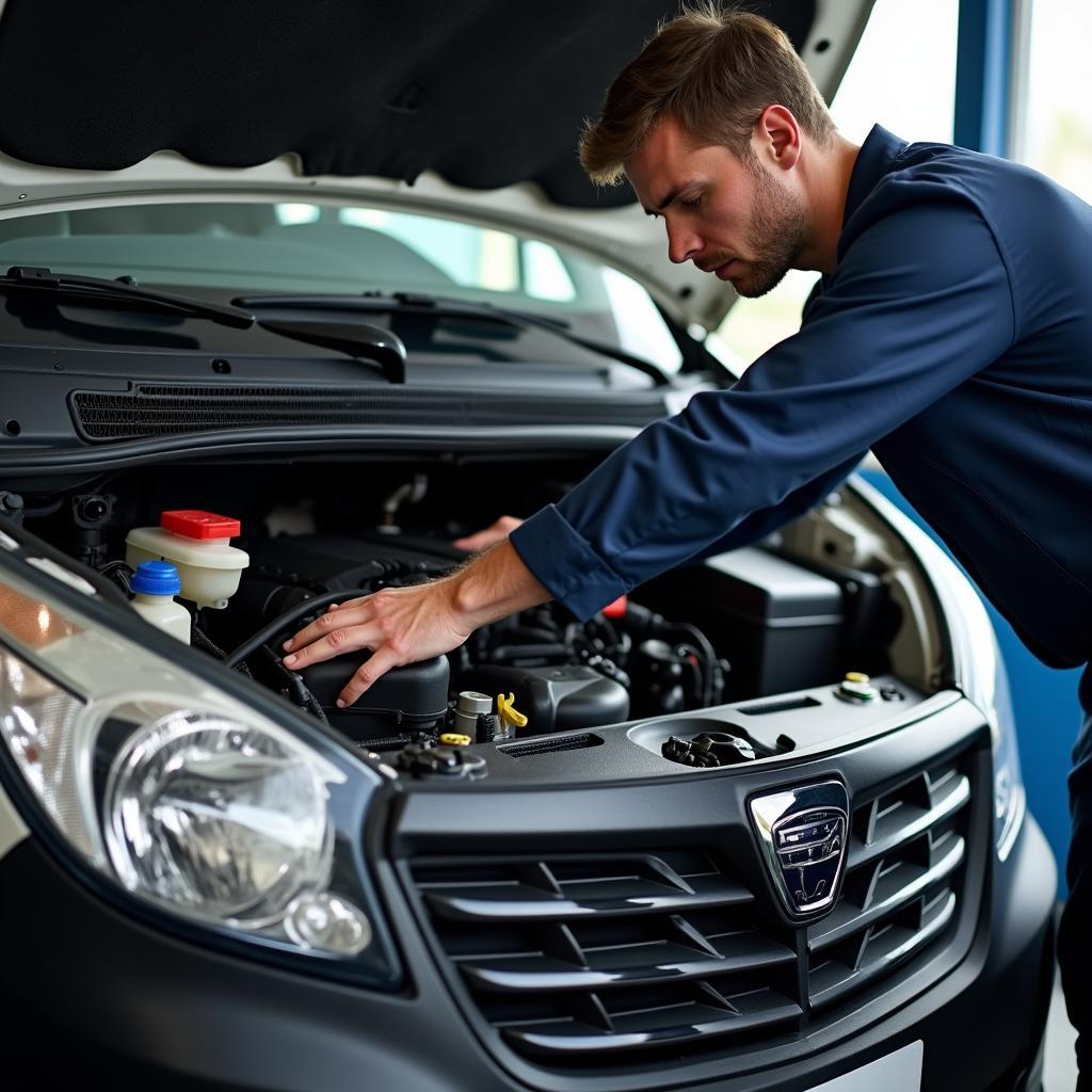 Offener Motorraum eines Dacia Dokker während der Fehlerdiagnose