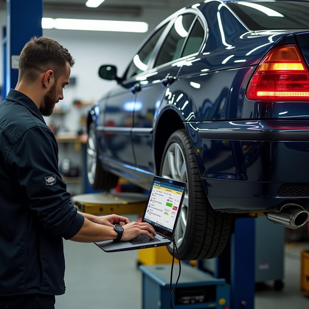 Auto in Werkstatt zur Diagnose der Motorkontrollleuchte.