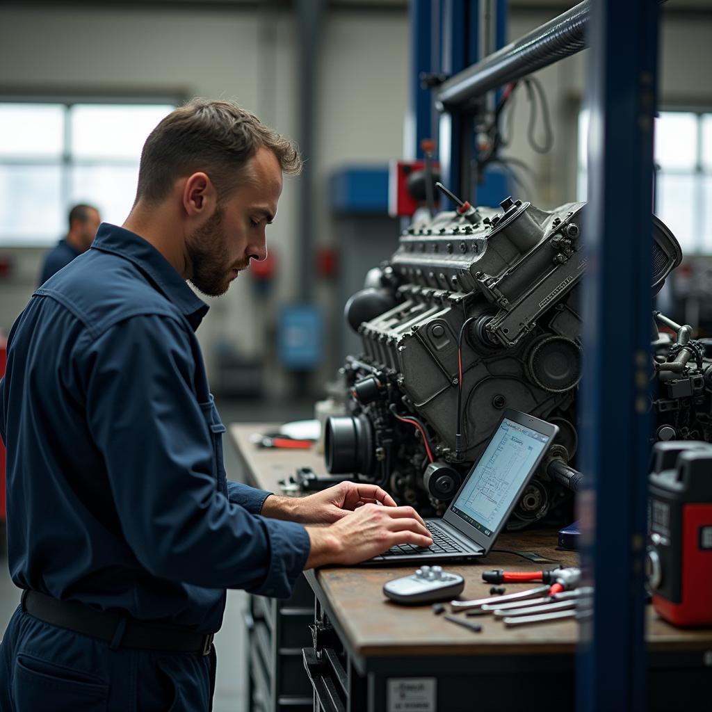 Diagnose eines Dieselmotors in einer Werkstatt