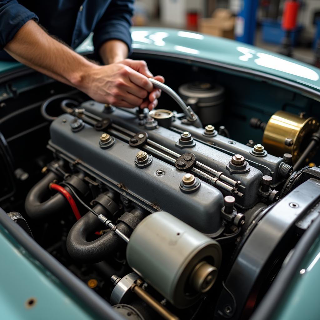 Ein Mechaniker arbeitet am Motor eines E-Type Jaguar.