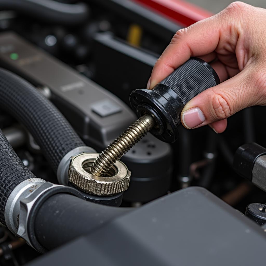 Flüssige Schraubensicherung angewendet im Motorraum eines Autos.