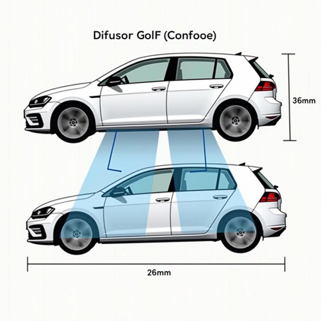 Golf 7 R Diffusor Wirkung Fahrverhalten: Illustration, die die Auswirkungen eines Diffusors auf den Luftstrom unter dem Fahrzeug und die resultierende Verbesserung des Abtriebs und der Fahrstabilität zeigt.