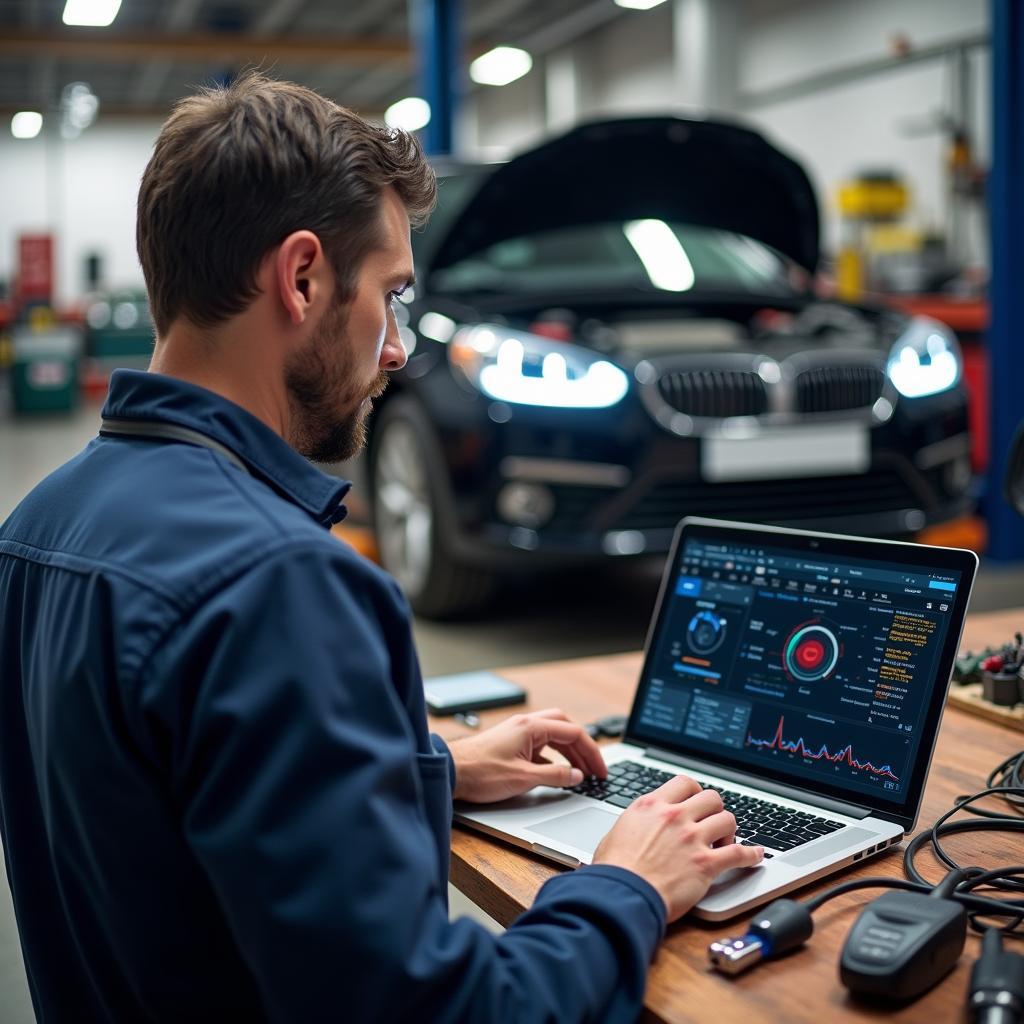 Kfz-Mechaniker mit Laptop und Diagnose-Software von autorepairaid