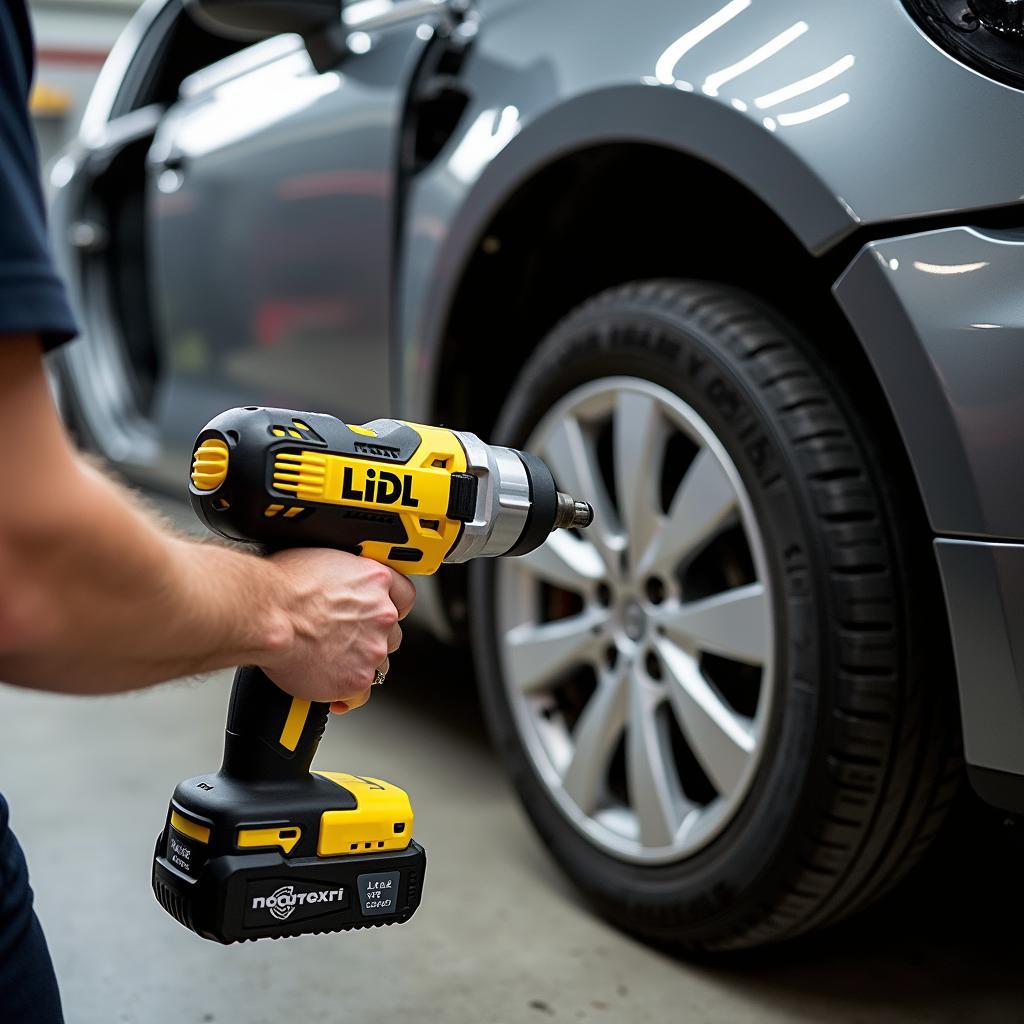 Ein Mechaniker verwendet einen Lidl Akku-Schlagschrauber, um eine Radmutter an einem Auto zu lösen.