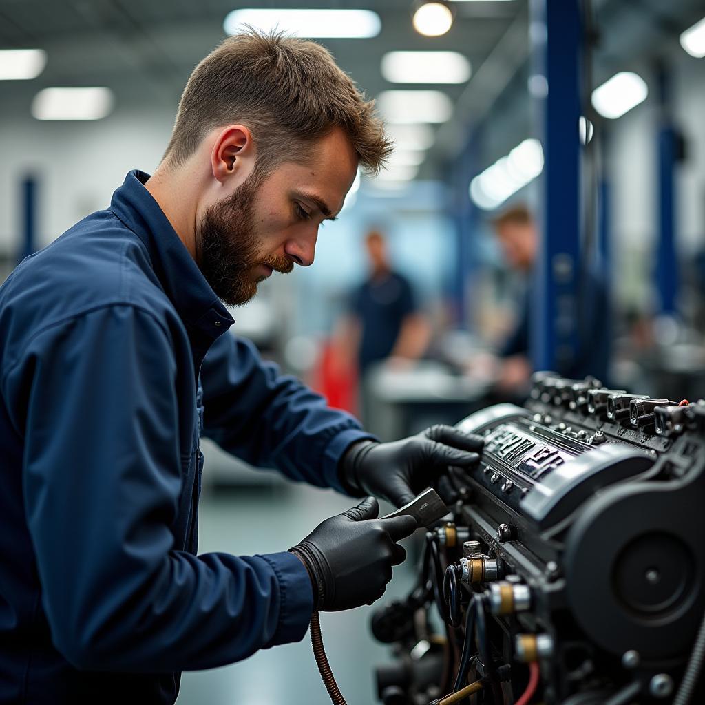 Mercedes Hess Trier Werkstatt Reparatur: Ein Mechaniker arbeitet an einem Mercedes-Motor.