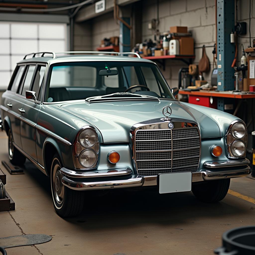 Mercedes Oldtimer Kombi in der Werkstatt