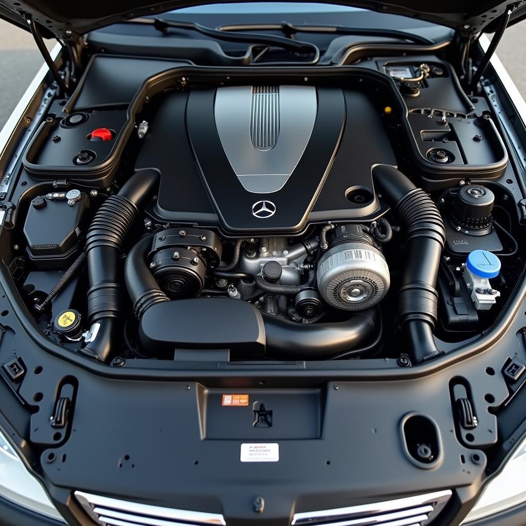 Detailansicht des Motorraums eines Mercedes S350