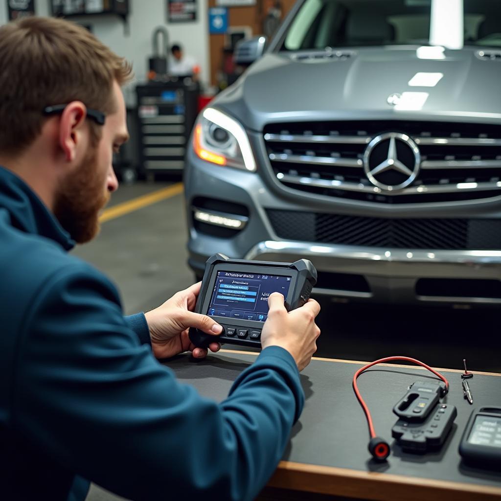 Diagnose und Reparatur am Mercedes ML 350 von 2015 mit professionellen Werkzeugen.