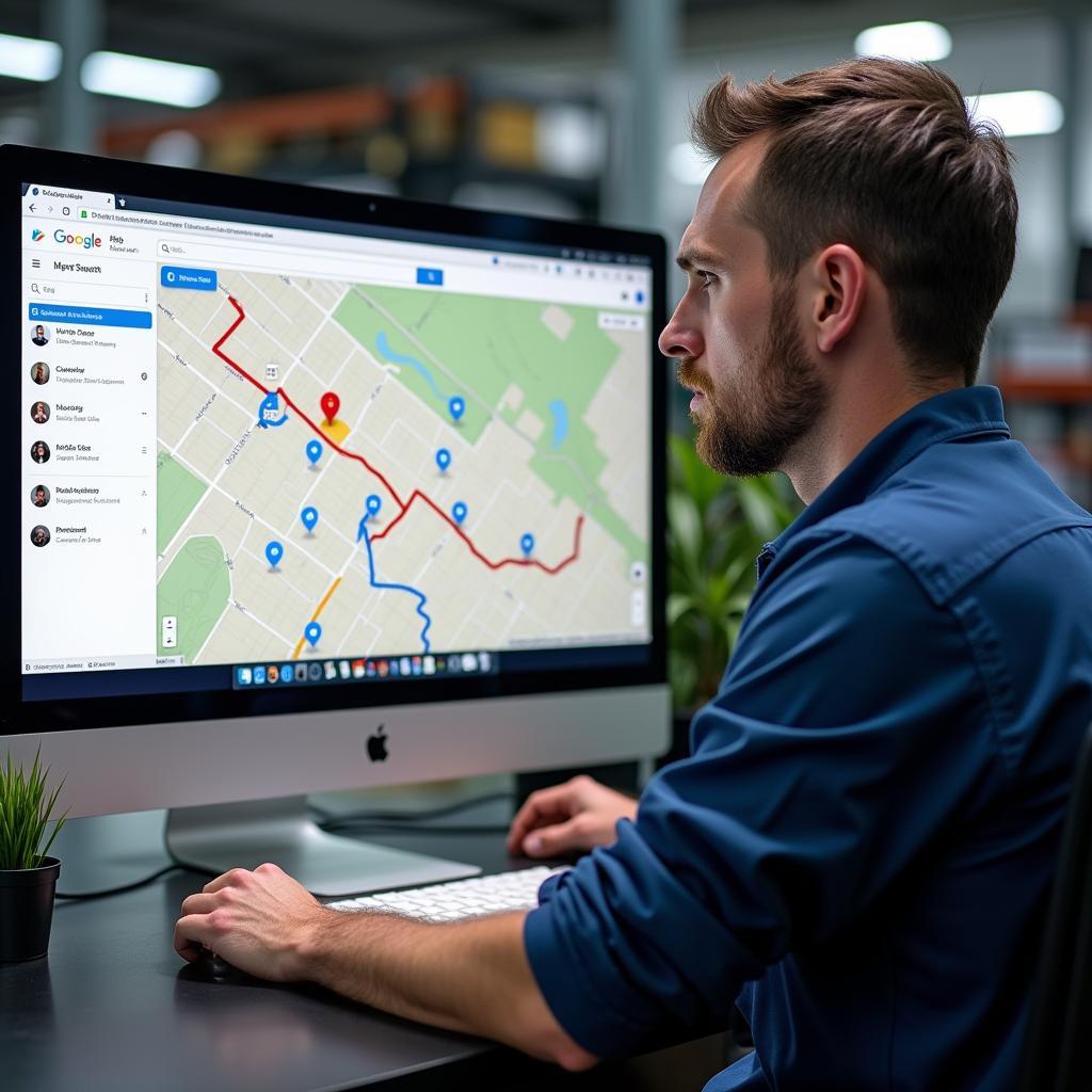 Ein Mechaniker plant die optimale Route für mehrere Kundenbesuche mit Google Maps am Computer in der Werkstatt.