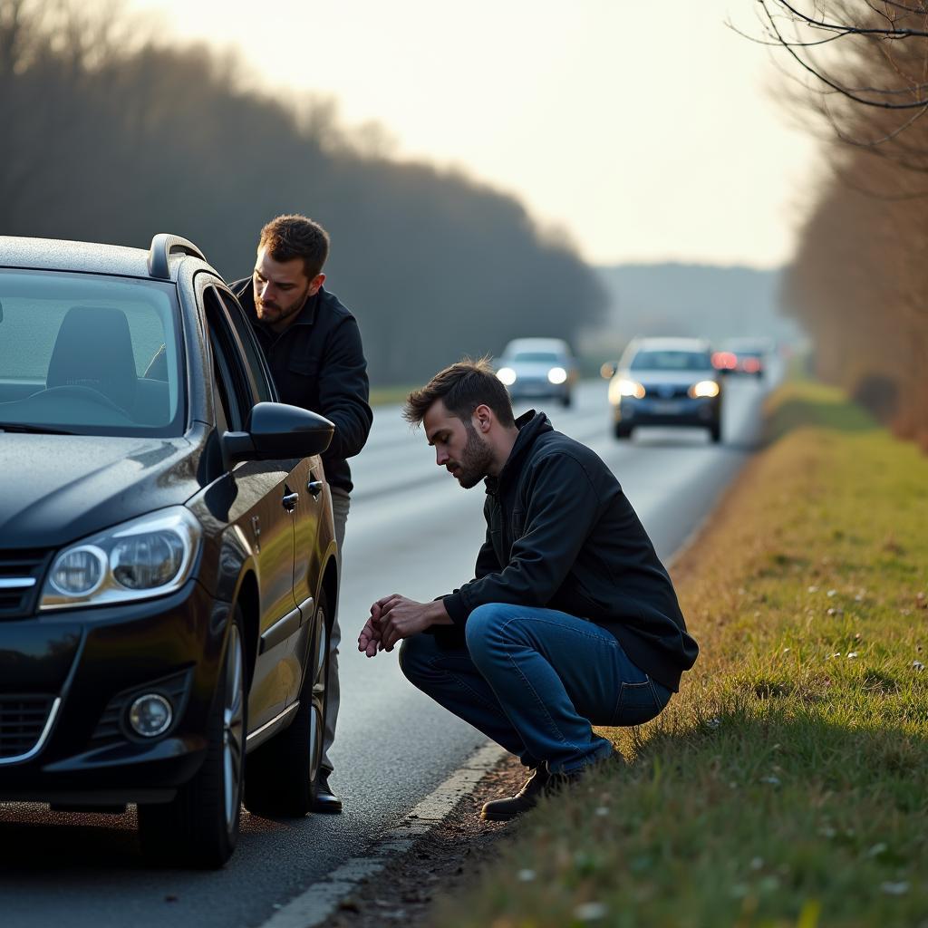 Pannenhilfe Autobahn Bochum München: Ein Mechaniker hilft einem gestrandeten Autofahrer.