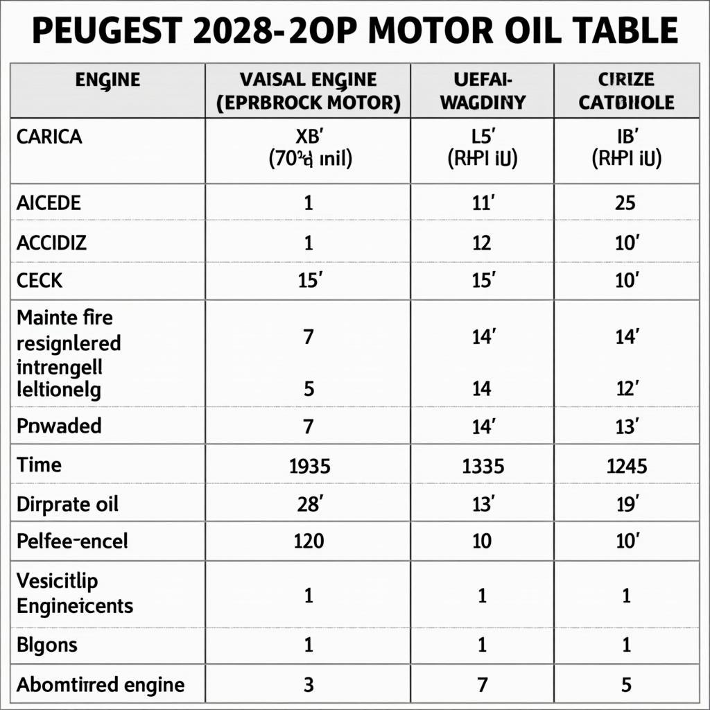 Beispiel einer Peugeot 208 Motoröl Tabelle