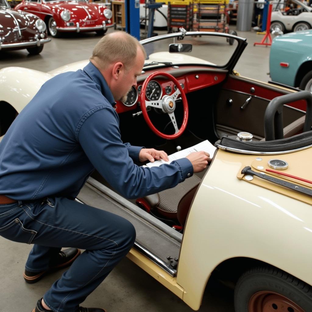 Porsche 356 Zustandsbewertung: Ein Experte begutachtet den Zustand eines klassischen Porsche 356 für die Wertbestimmung.