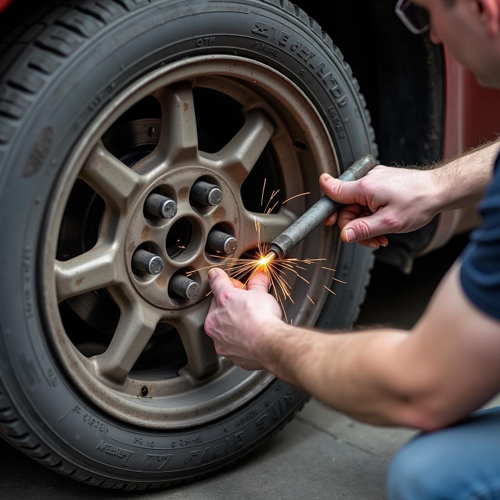 Reparatur einer beschädigten Stahlfelge