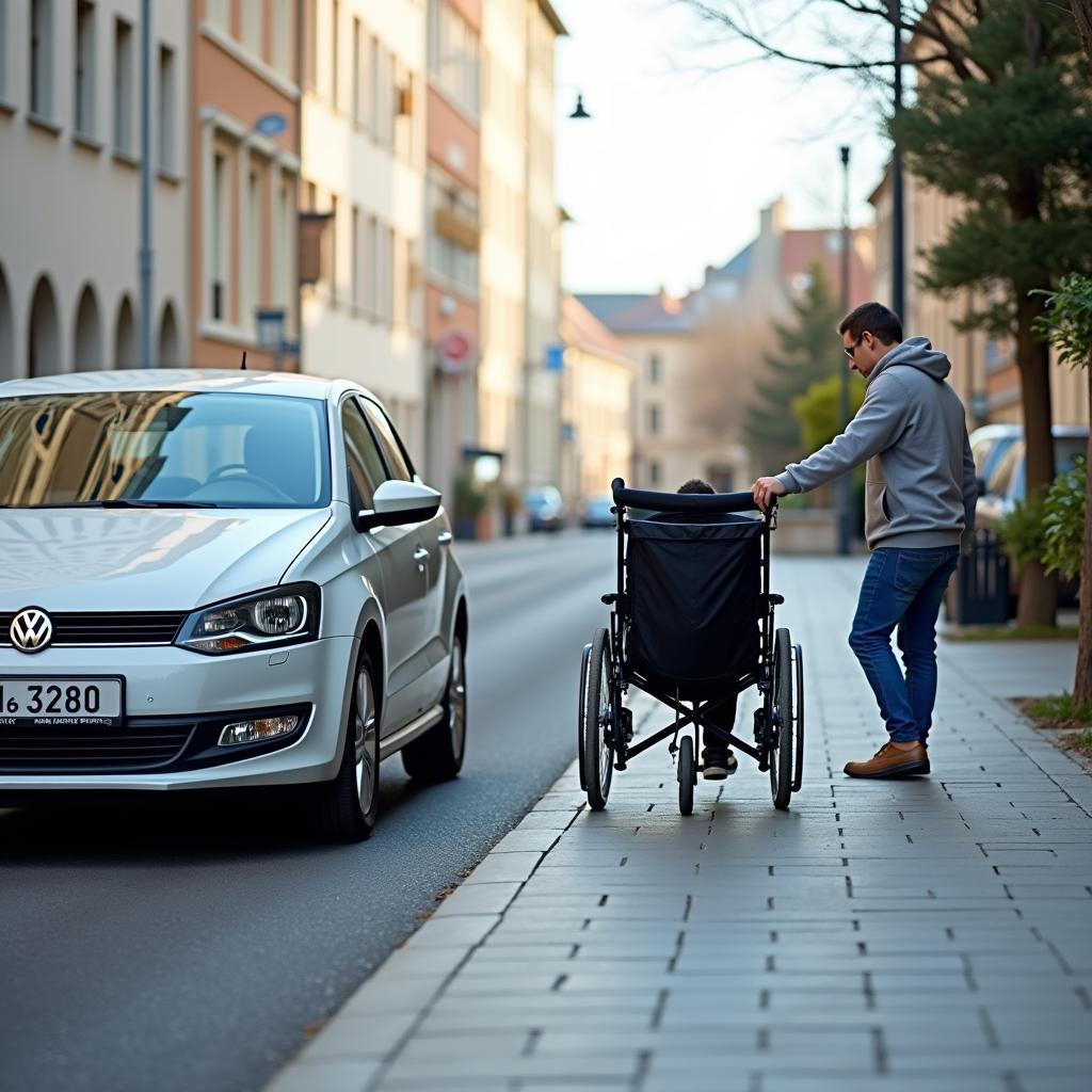 Schwenkarm über Gehweg beim Parken