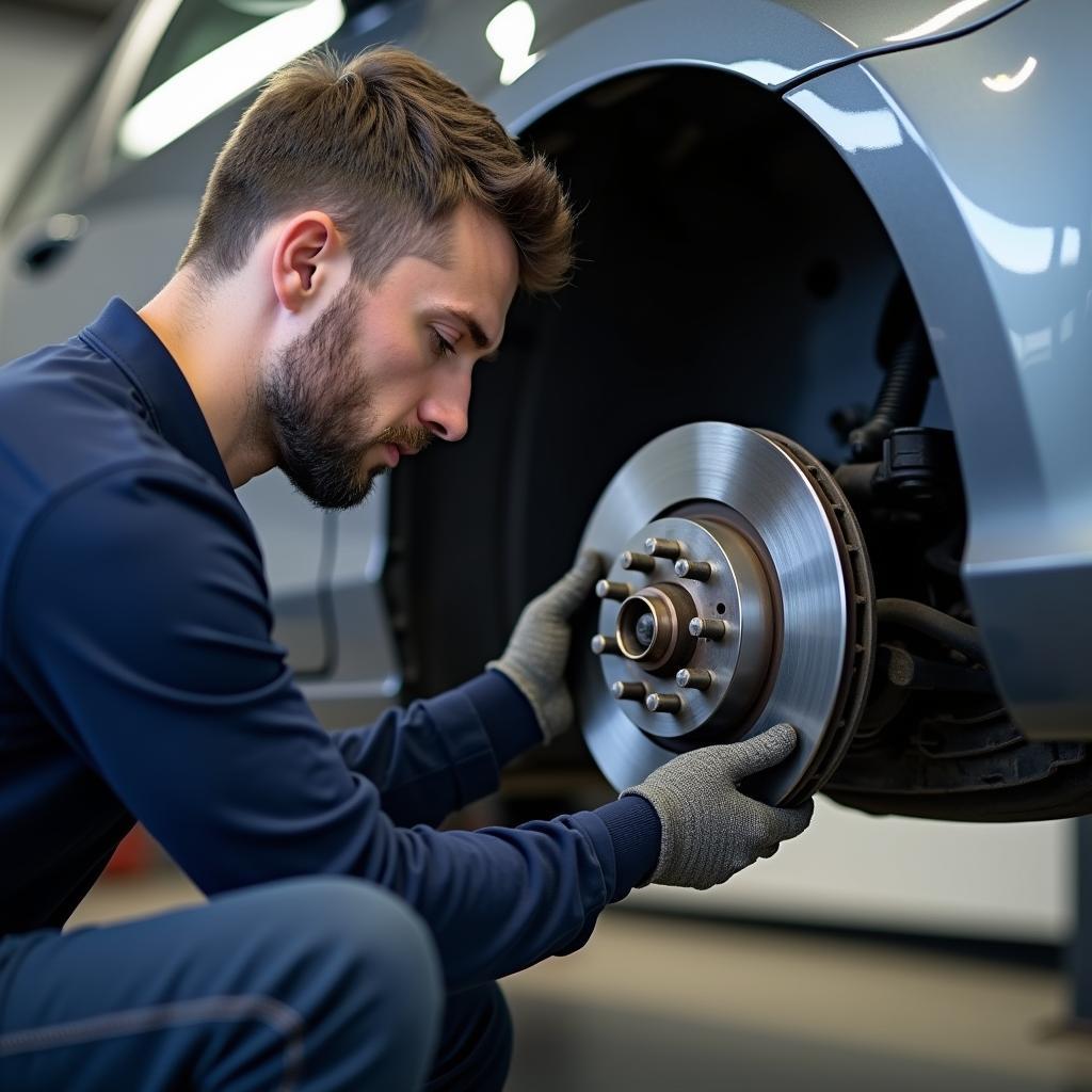 Sicheres Fahren mit regelmäßiger Wartung: Ein Mechaniker überprüft die Bremsen eines Autos.