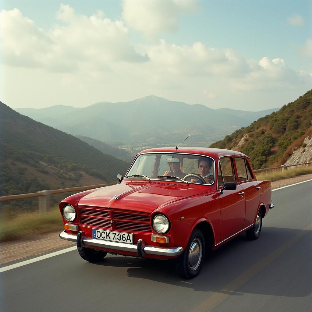 Skoda 105 S auf der Straße: Ein roter Skoda 105 S fährt auf einer malerischen Straße.