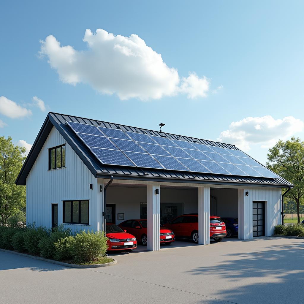 Solaranlage auf dem Dach einer Autowerkstatt